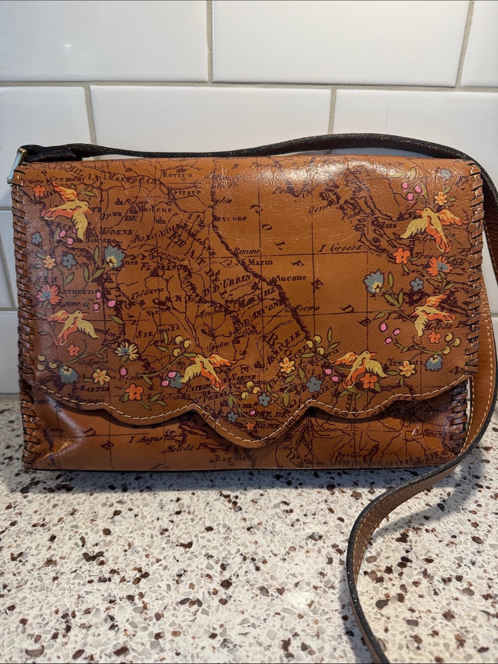 Patricia Nash Sarola Leather Crossbody Bag Embroidered Floral Bird Map Print